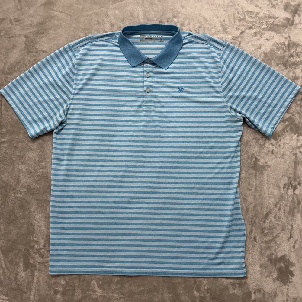 ARIAT TEK Heat Series Men's Striped Blue Performance Polo Shirt Size XL